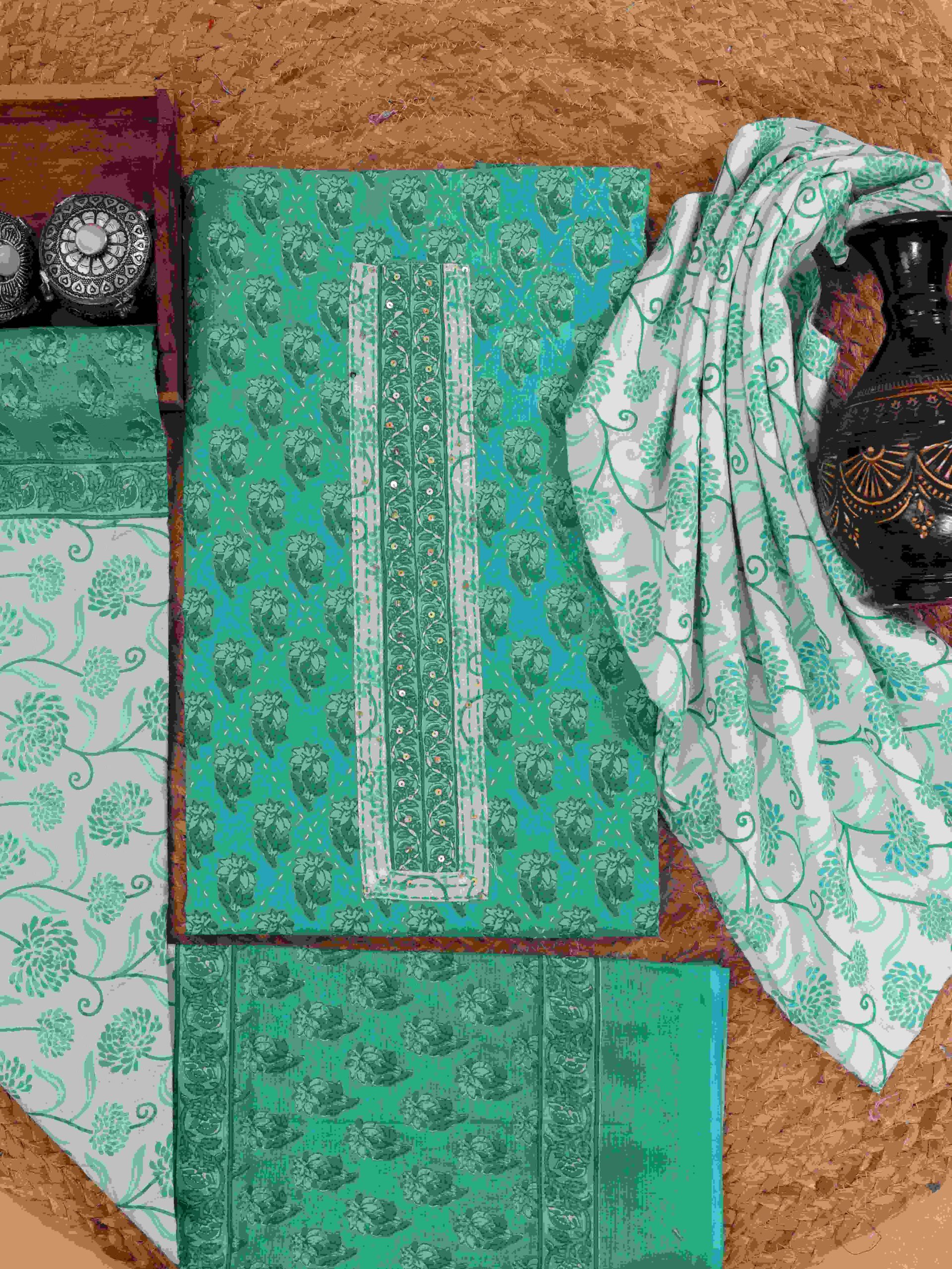 Pure Cotton Premium Neck Work Cotton Suit And Dupatta Sets Blue