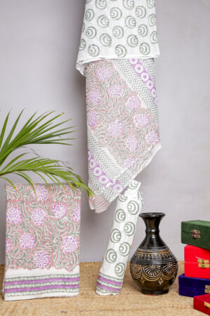 Pastel Floral Block Print Unstitched Cotton Suit Set (3-Piece Set)