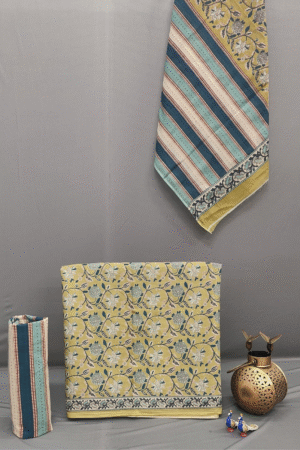 Lime Yellow Floral Pure Cotton Printed Suit Set with Cotton Dupatta