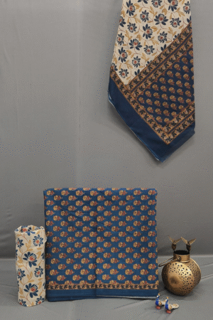 Royal Blue Floral Pure Cotton Printed Suit Set with Cotton Dupatta