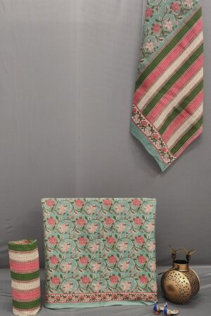 Mint Green Floral Pure Cotton Printed Suit Set with Cotton Dupatta