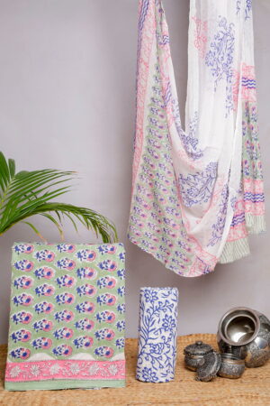 Green & Blue Floral Block Print Unstitched Cotton Suit Set (3-Piece Set)