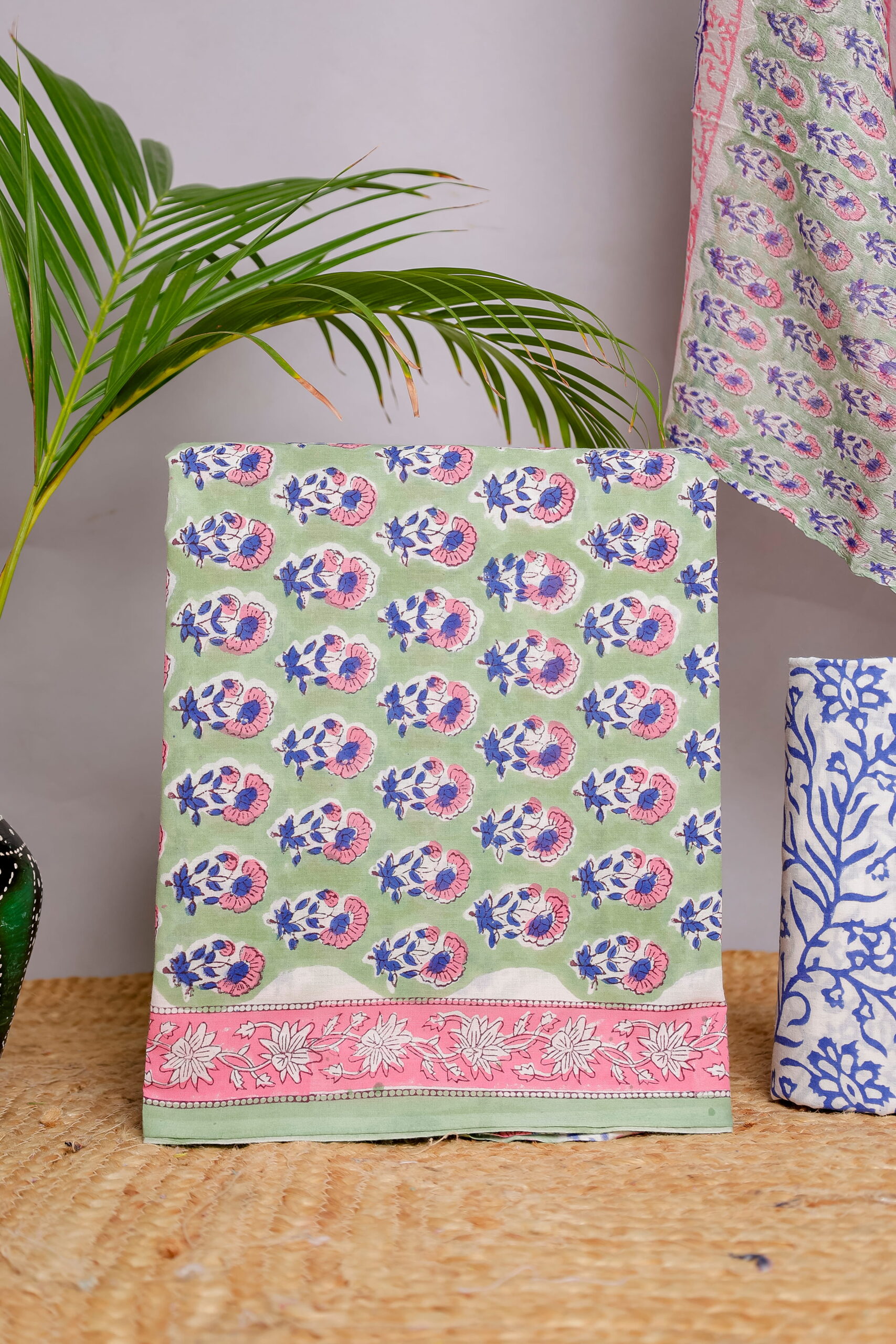 Green & Blue Floral Block Print Unstitched Cotton Suit Set (3-Piece Set)