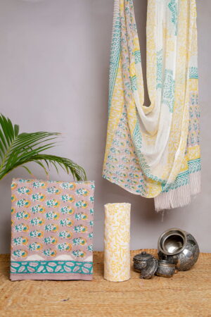 Pastel Peach & Yellow Floral Block Print Unstitched Cotton Suit Set (3-Piece Set)