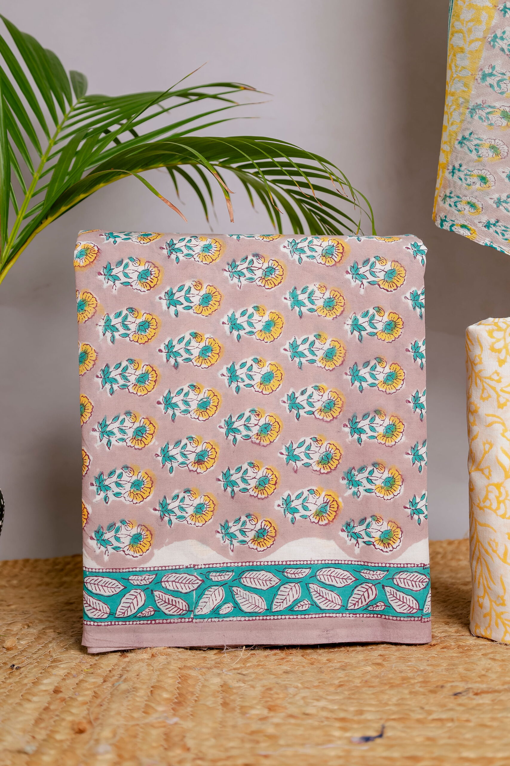 Pastel Peach & Yellow Floral Block Print Unstitched Cotton Suit Set (3-Piece Set)