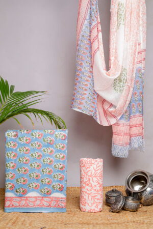 Sky Blue & Peach Floral Block Print Unstitched Cotton Suit Set (3-Piece Set)