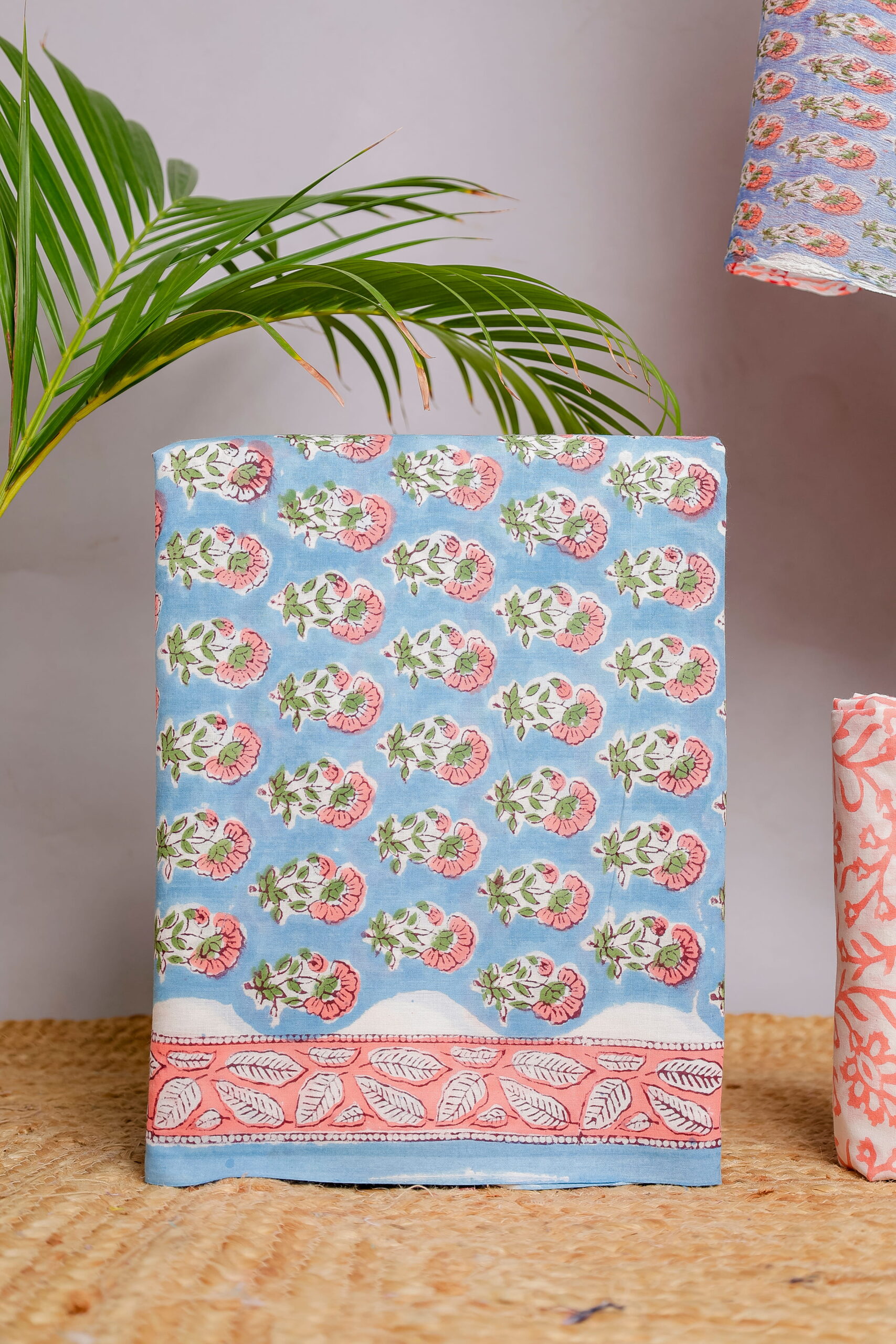 Sky Blue & Peach Floral Block Print Unstitched Cotton Suit Set (3-Piece Set)