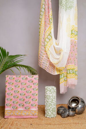 Pink & Yellow Floral Block Print Unstitched Cotton Suit Set (3-Piece Set)