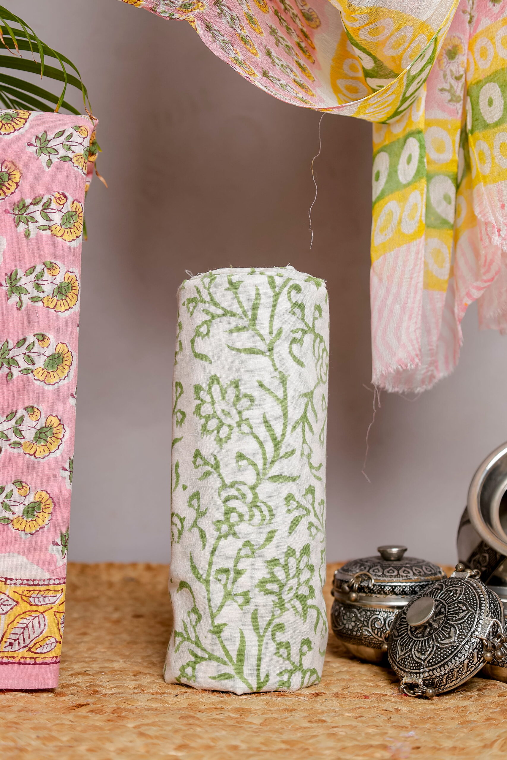 Pink & Yellow Floral Block Print Unstitched Cotton Suit Set (3-Piece Set)