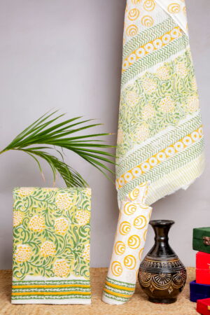Green & Yellow Floral Block Print Unstitched Cotton Suit Set (3-Piece Set)