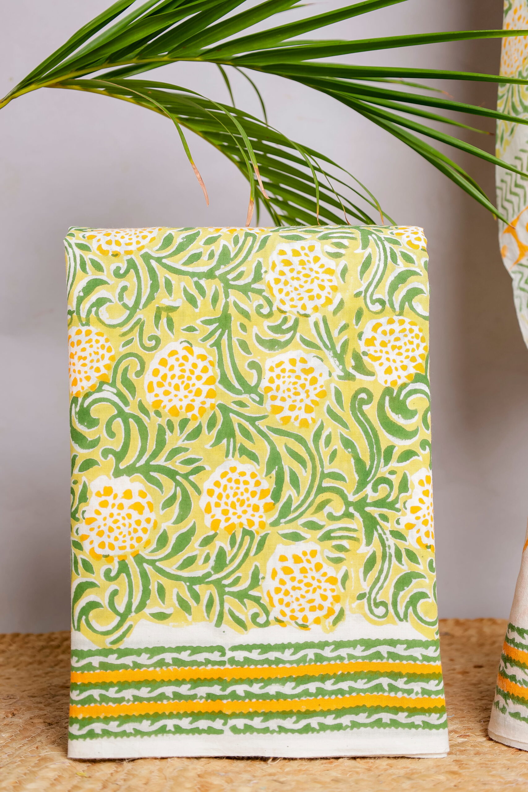 Green & Yellow Floral Block Print Unstitched Cotton Suit Set (3-Piece Set)