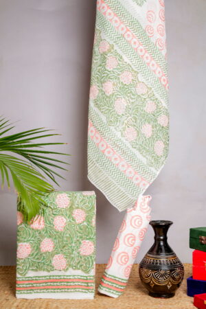Green & Peach Floral Block Print Unstitched Cotton Suit Set (3-Piece Set)