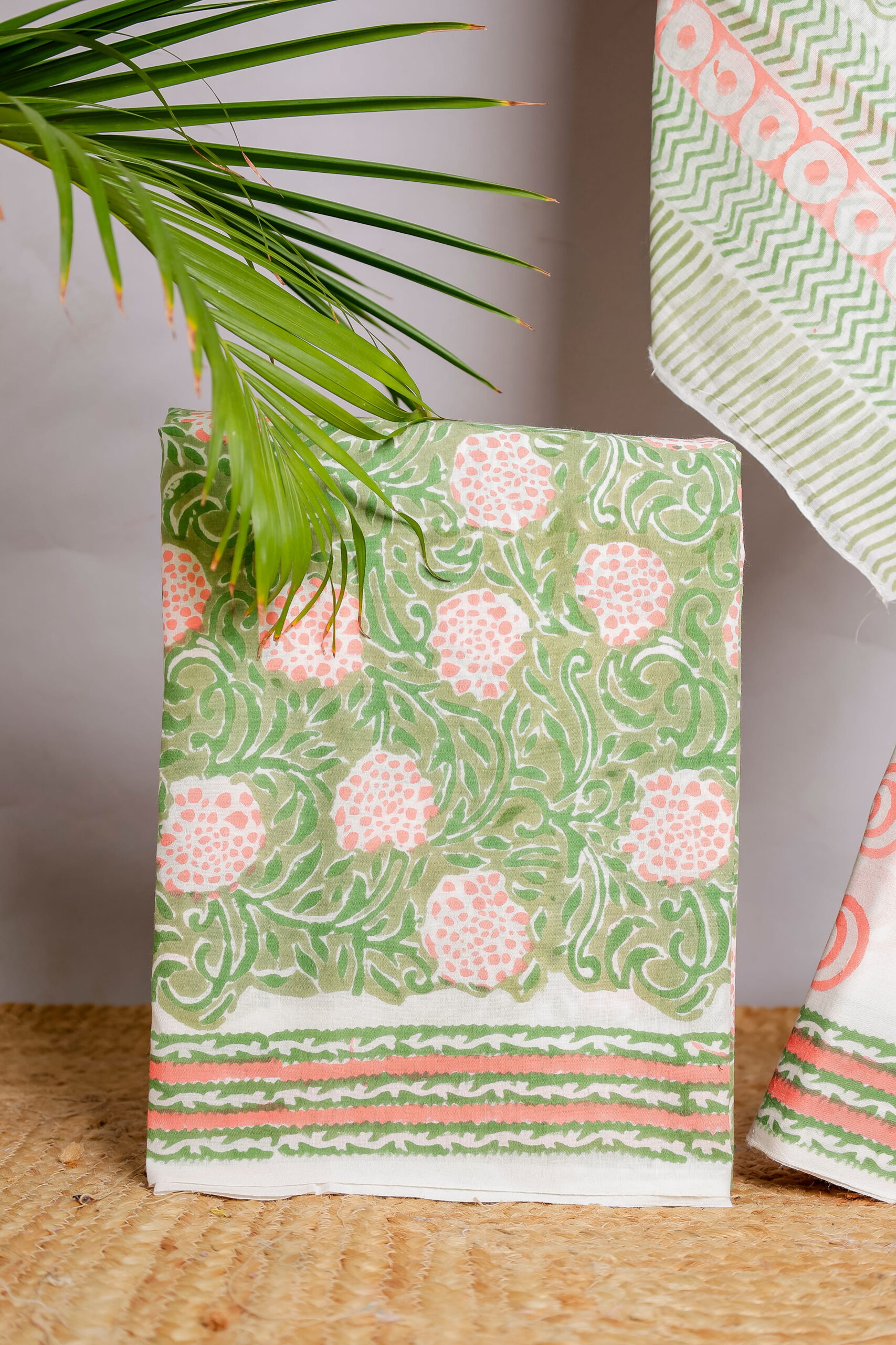 Green & Peach Floral Block Print Unstitched Cotton Suit Set (3-Piece Set)