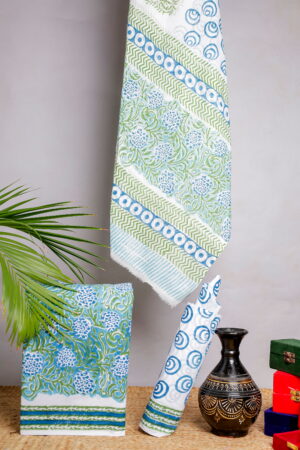 Blue & Green Floral Block Print Unstitched Cotton Suit Set (3-Piece Set)