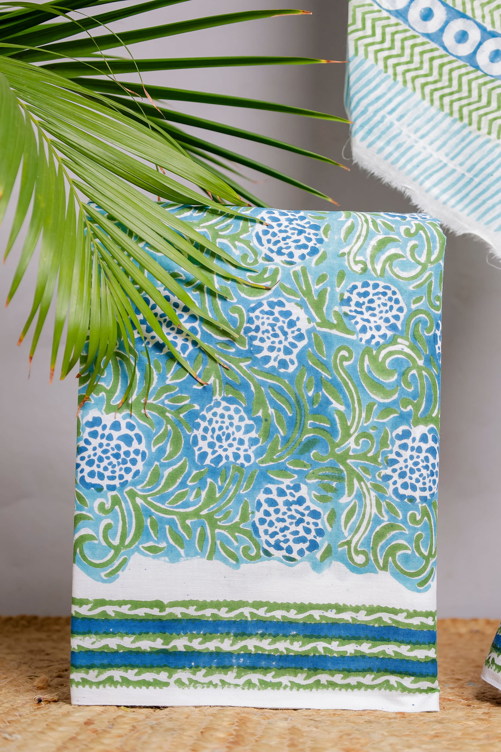 Blue & Green Floral Block Print Unstitched Cotton Suit Set (3-Piece Set)